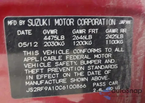 2012 Suzuki Kizashi S из США, поврежденный, VIN JS2RF9A10C6100866